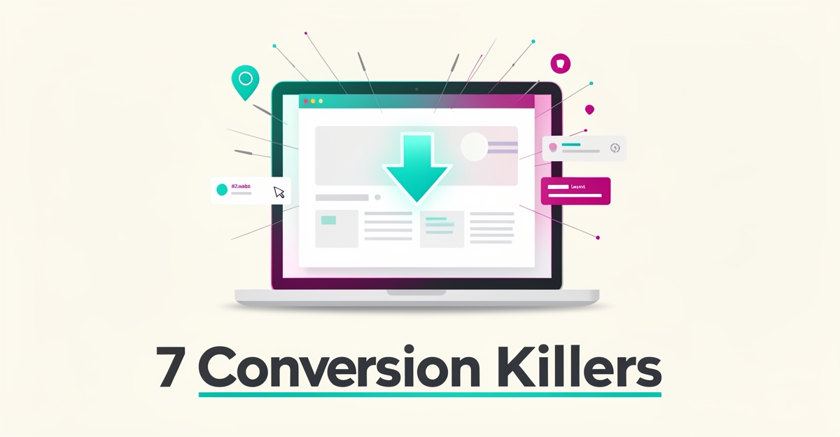 Flat illustration of a laptop showing a website with a declining conversion arrow and local search icons in teal and magenta, headline reading 7 Conversion Killers.
