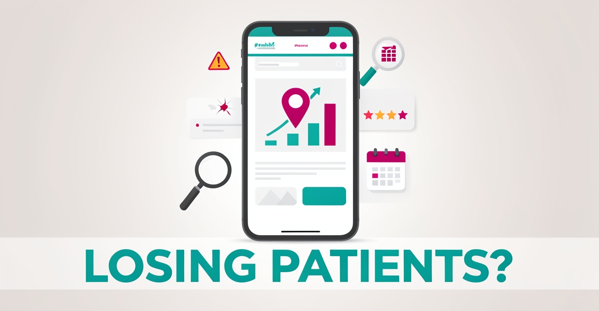 Flat illustration of a smartphone showing an allergy clinic website with search ranking bars and location pin, accented in teal and magenta, with headline 'Losing Patients?'