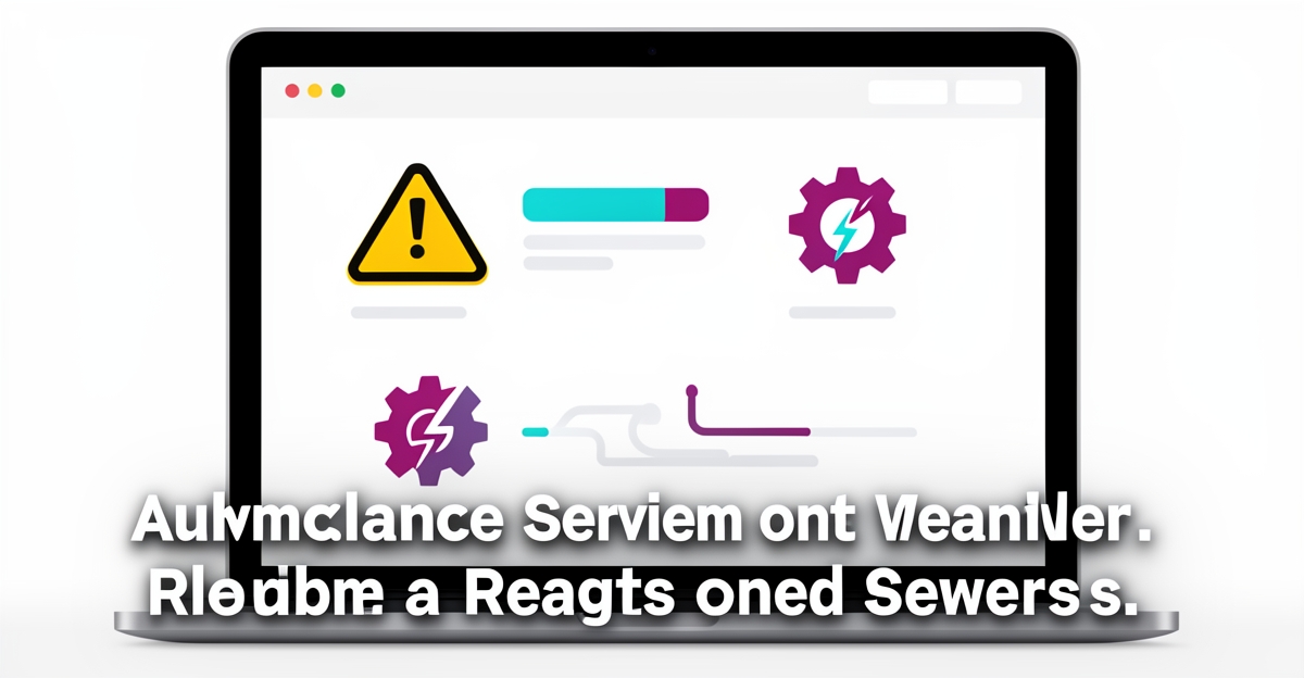 A modern flat illustration of an ambulance service website interface displaying repair status warnings, using brand colors #2aabb6 and #d946ef, with a headline overlay in the lower third