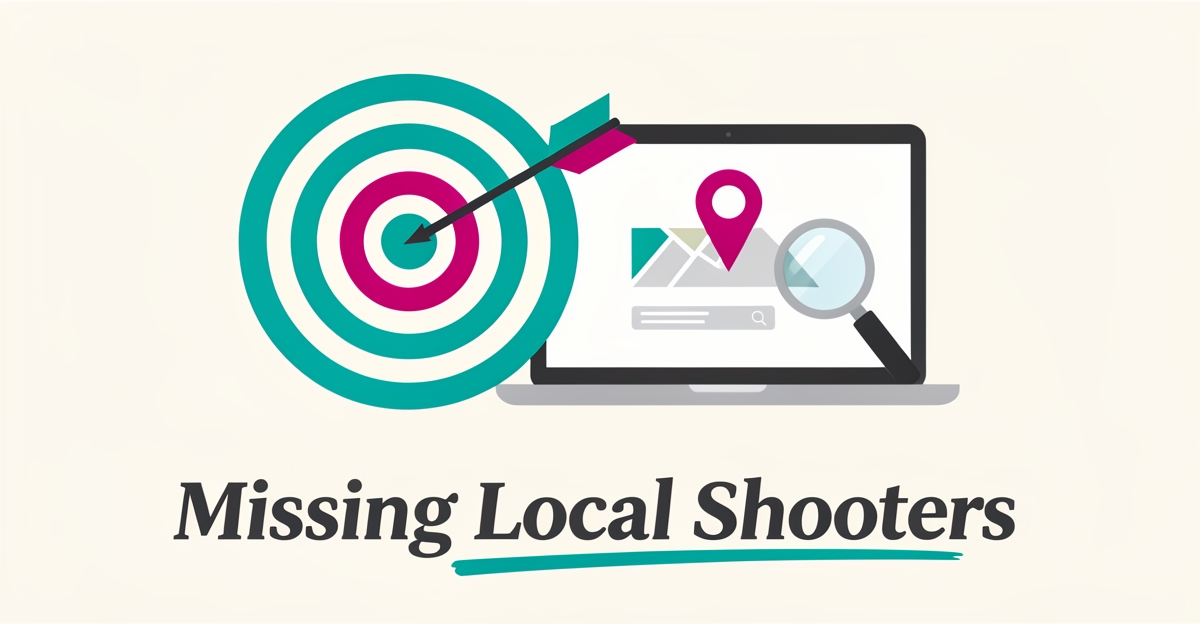 Flat illustration of an archery target with an arrow and a laptop showing a map pin, representing local search visibility for archery ranges.