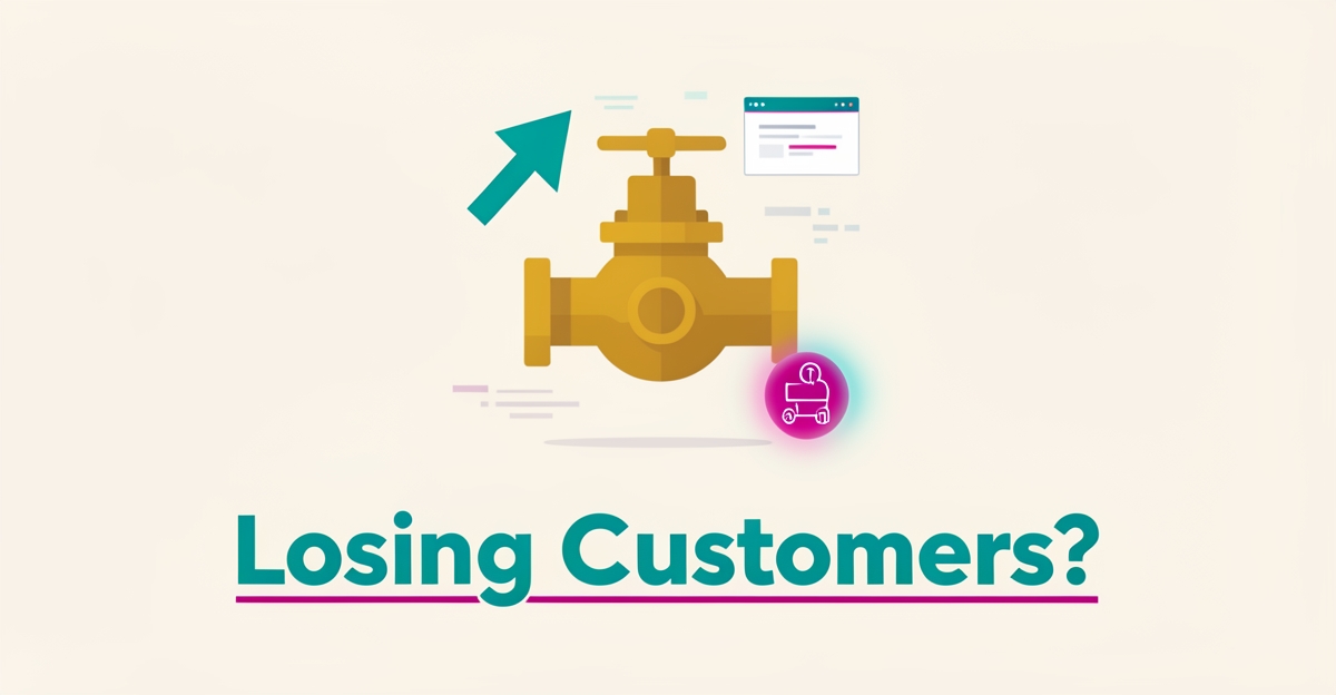 Flat illustration of a backflow valve with digital lead-capture icons, accented in teal and magenta, with the headline 'Losing Customers?'