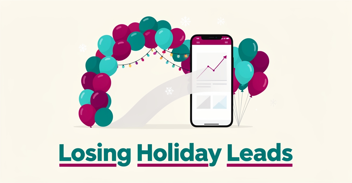 Flat illustration of holiday balloons beside a smartphone showing a fading website funnel, symbolizing lost holiday leads.