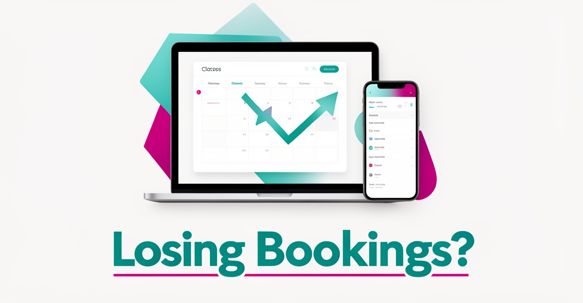 Flat illustration of a laptop showing a class booking calendar with a declining arrow, accented in teal and magenta, headlined 'Losing Bookings?'