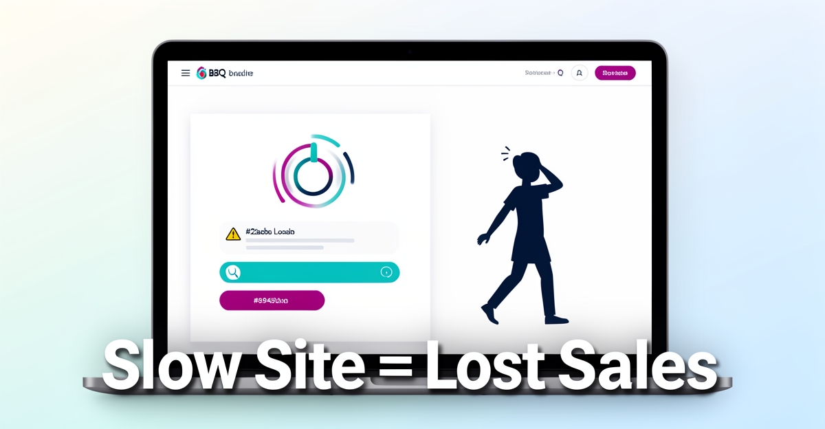 A minimalist flat illustration of a slow-loading BBQ restaurant website on a laptop, with a customer leaving and brand-colored accents, illustrating lost sales due to poor performance.