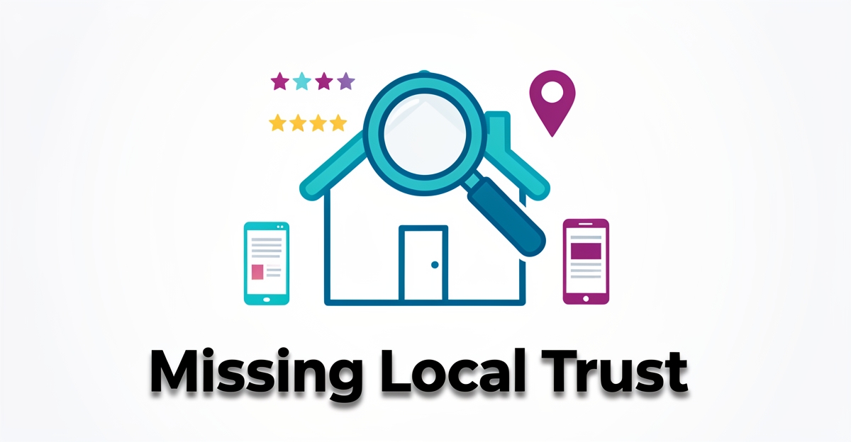 A minimalist flat illustration of a house with a magnifying glass, trust icons, and brand-colored accents, illustrating local credibility for pest control websites.