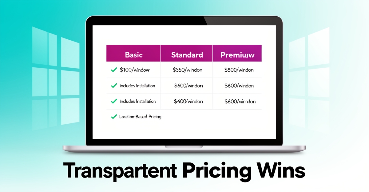 A minimalist flat illustration of a laptop showing a transparent three-tier pricing table for blinds with brand color accents, emphasizing trust and clarity in pricing to reduce lead loss.