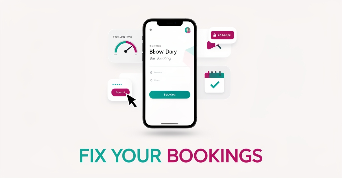 Flat illustration of a smartphone showing a salon booking app with performance icons, symbolizing AI fixes for blow dry bar websites.