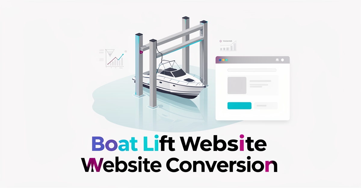 Flat illustration of a boat lift with a boat and a subtle website interface showing lead conversion issues.