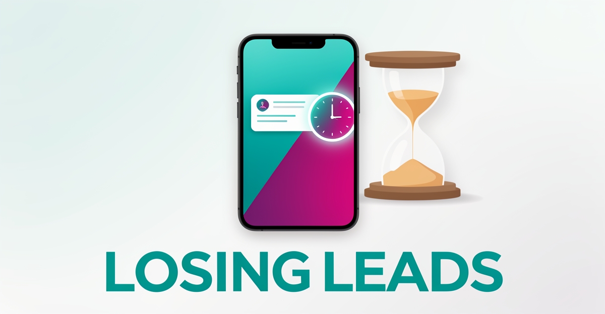 Flat illustration of a smartphone with a notification and draining hourglass, symbolizing lost leads from slow clinic follow-up, with headline Losing Leads.