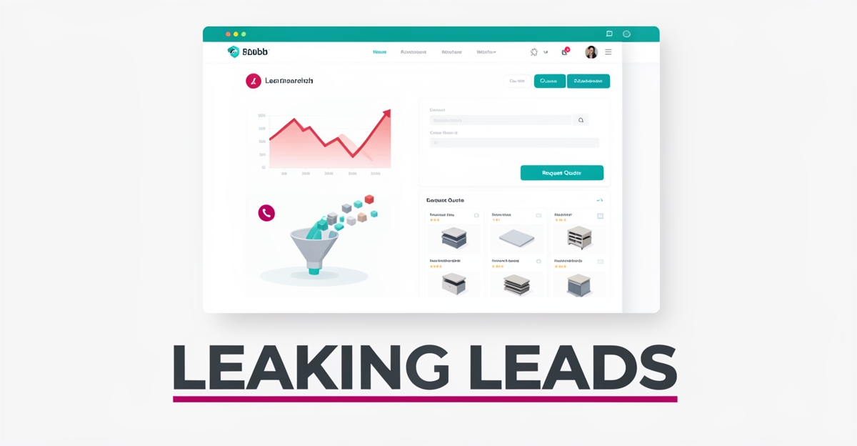 Flat illustration of a cabinet website dashboard showing leaking lead funnel and conversion warnings with teal and magenta accents.