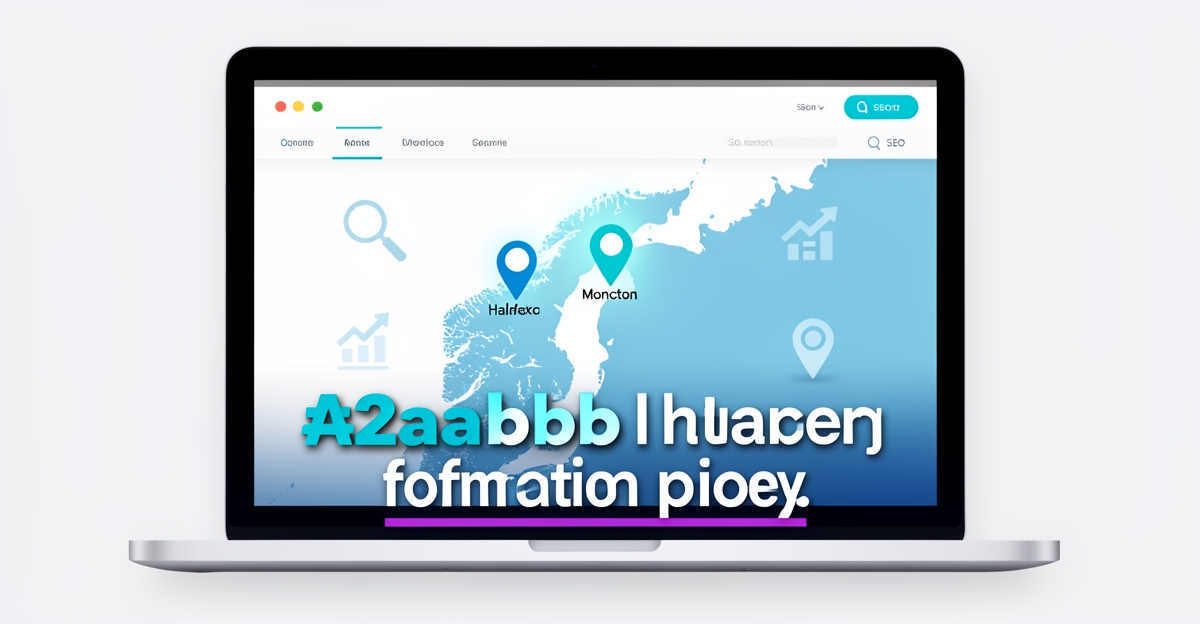 A modern laptop screen displays a map of Atlantic Canada with SEO icons and location pins, highlighting missed local co-packing opportunities in Halifax and Moncton regions.