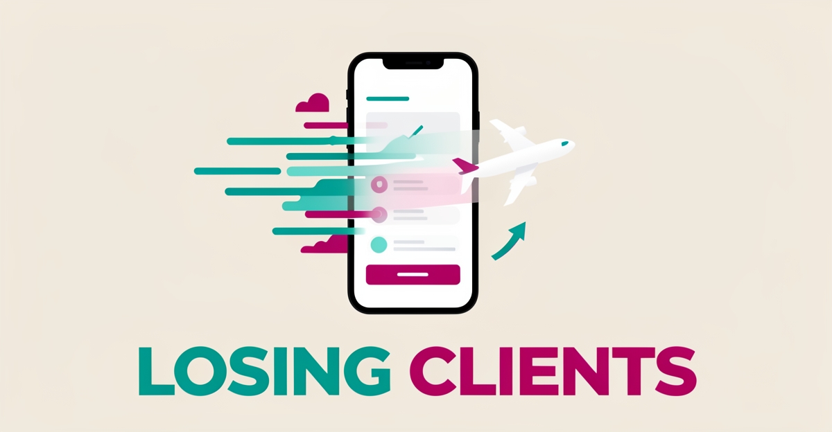 Flat illustration of a smartphone with a dissolving travel booking icon, symbolizing a corporate travel site losing clients to faster competitors.