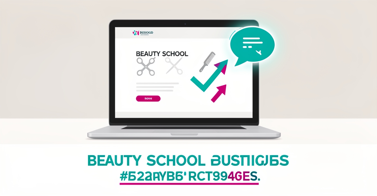 Flat illustration of a laptop showing a cosmetology school website with AI chat bubble and rising lead trend in teal and magenta.
