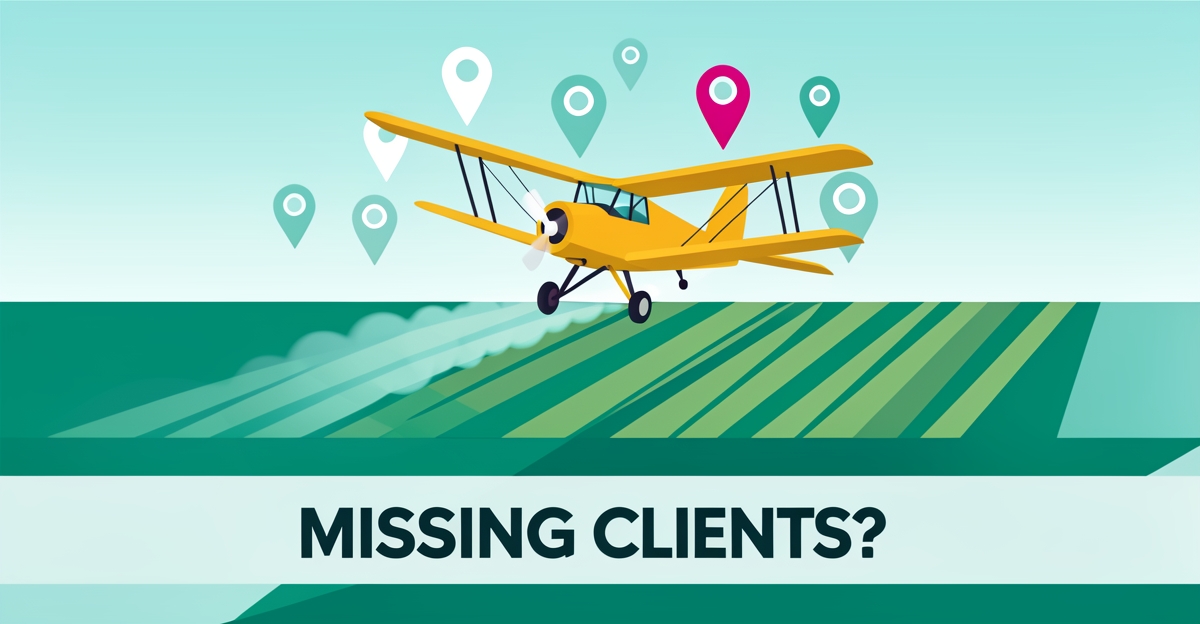Flat illustration of a crop duster plane flying over agricultural fields with digital map pins, representing local search visibility for agricultural aviation businesses.