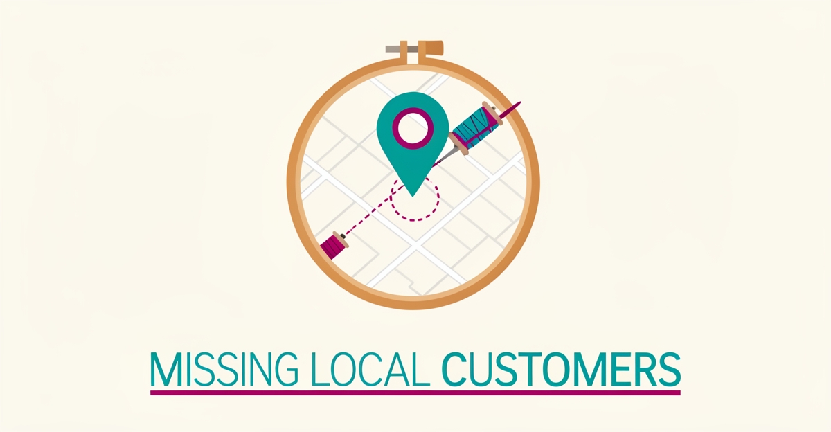 Flat illustration of an embroidery hoop with a map pin and stitched location path, symbolizing local SEO for embroidery shops.