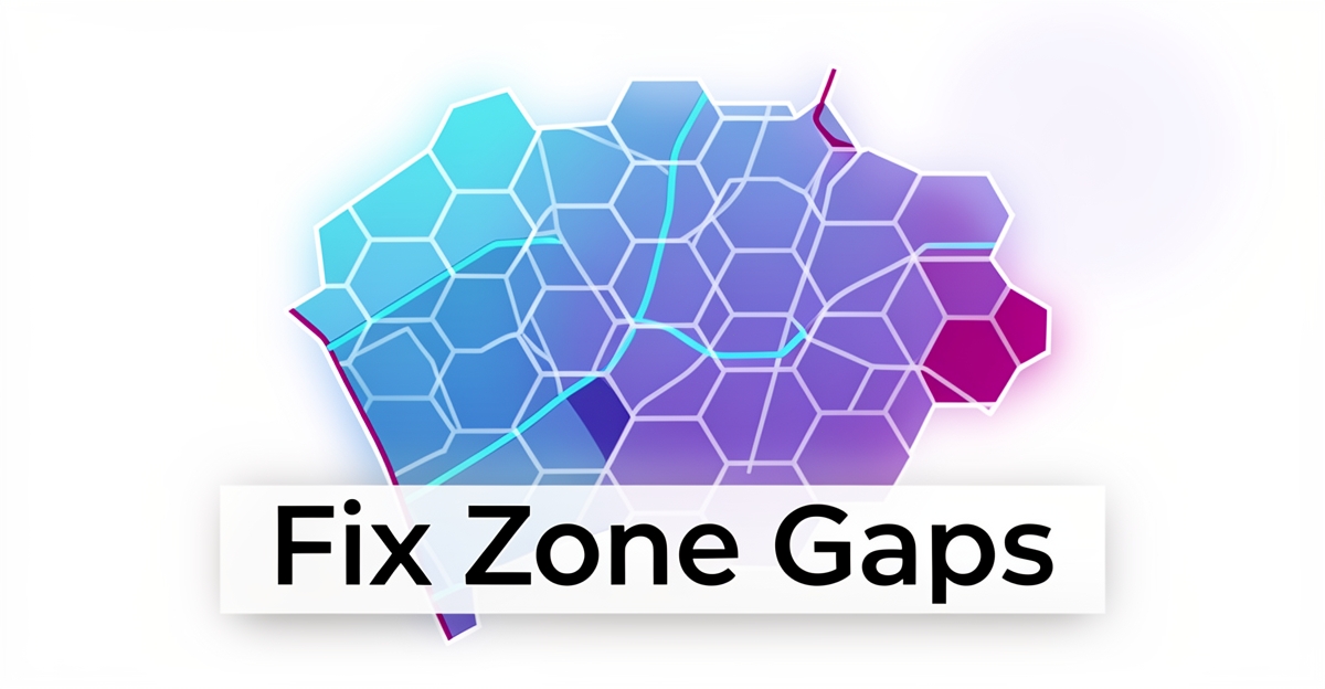 A minimalist flat illustration of a city delivery zone map using hexagonal grids in brand blue and purple, with a headline overlay reading 'Fix Zone Gaps' in the lower third.