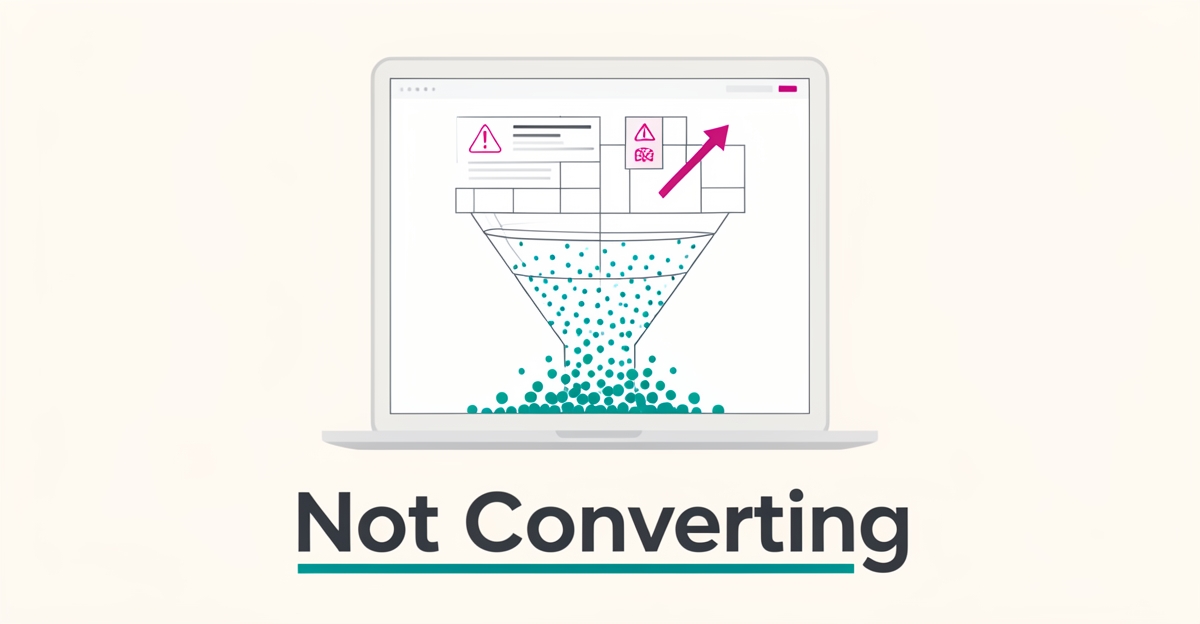 Flat illustration of a website funnel losing visitor traffic, with only a few conversions, headline reading Not Converting.