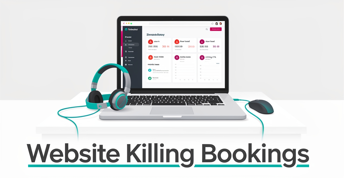 Flat illustration of DJ laptop with analytics dashboard showing website conversion warnings in brand teal and magenta accents.