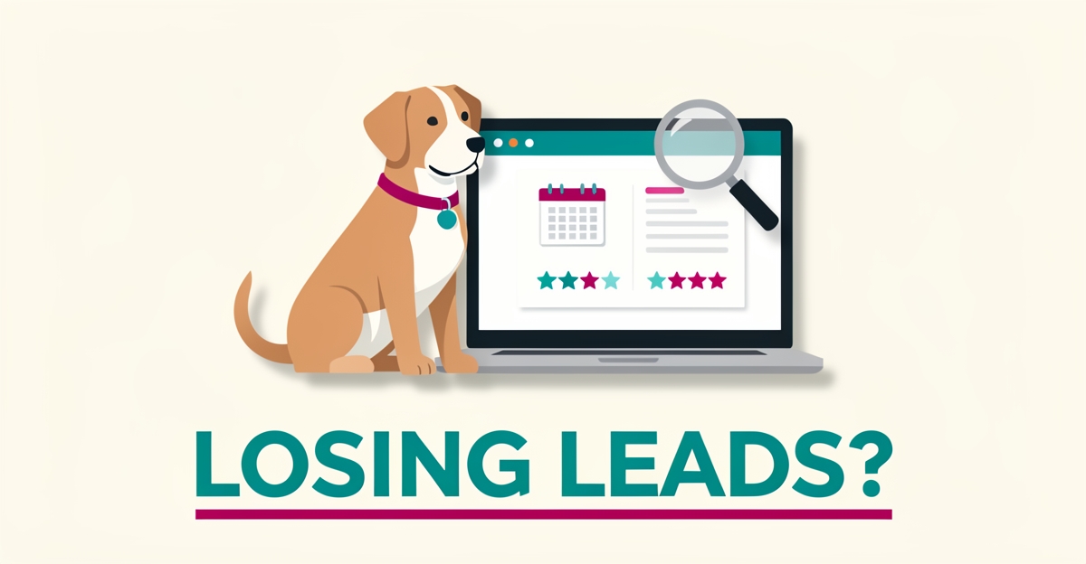 Flat illustration of a dog beside a laptop showing a website audit with booking and rating icons in teal and magenta accents.