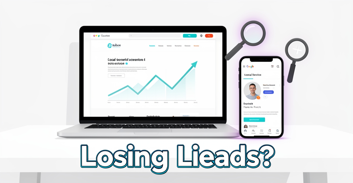 A minimalist flat illustration of a laptop and smartphone showing local service SEO and GBP screens, with brand color accents and a 'Losing Leads?' headline in the lower third.