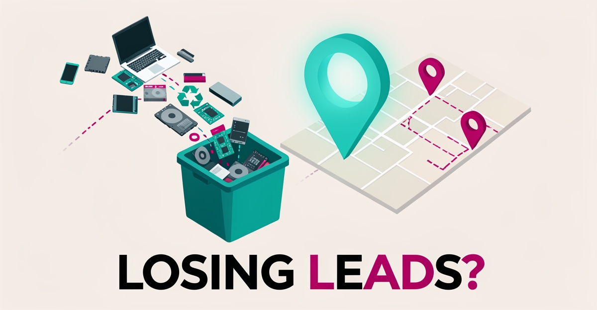 Flat illustration of electronics recycling with a fading map pin and markers, symbolizing a recycling site losing local leads.