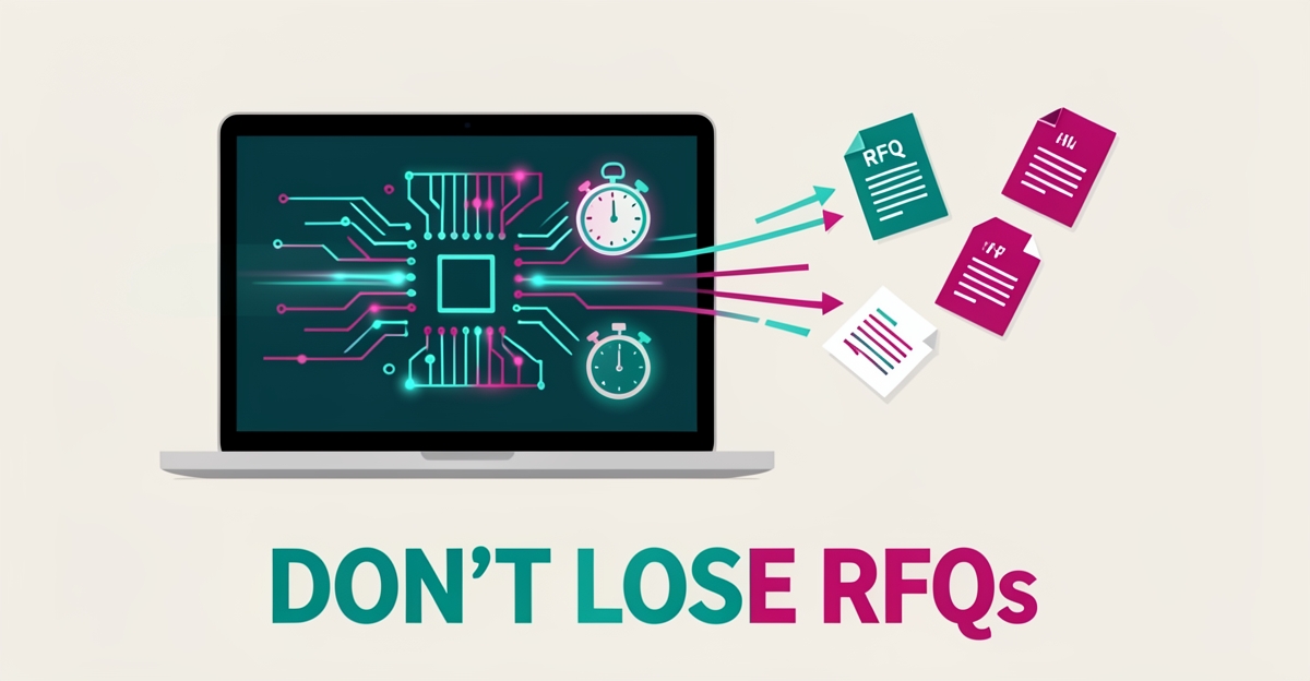 Flat illustration of a laptop with circuit board design and a stopwatch, symbolizing an EMS website losing RFQs to faster competitors.
