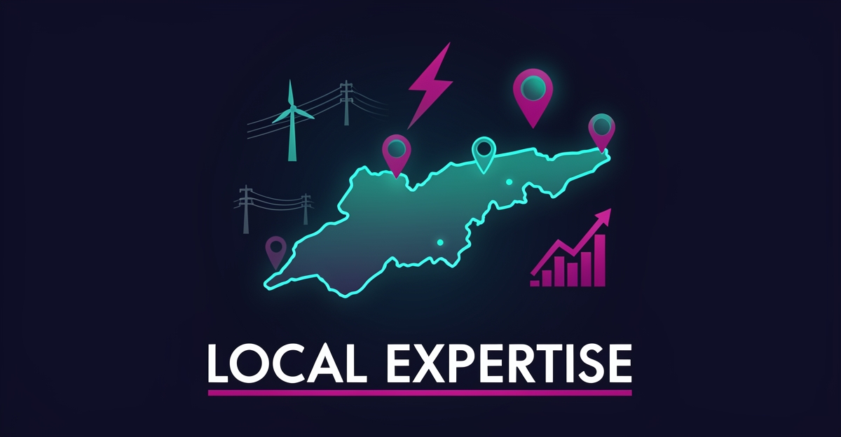Flat illustration of a glowing Nova Scotia map with wind turbines, power lines, and a rising graph, headlined 'Local Expertise' for an energy brokerage article.