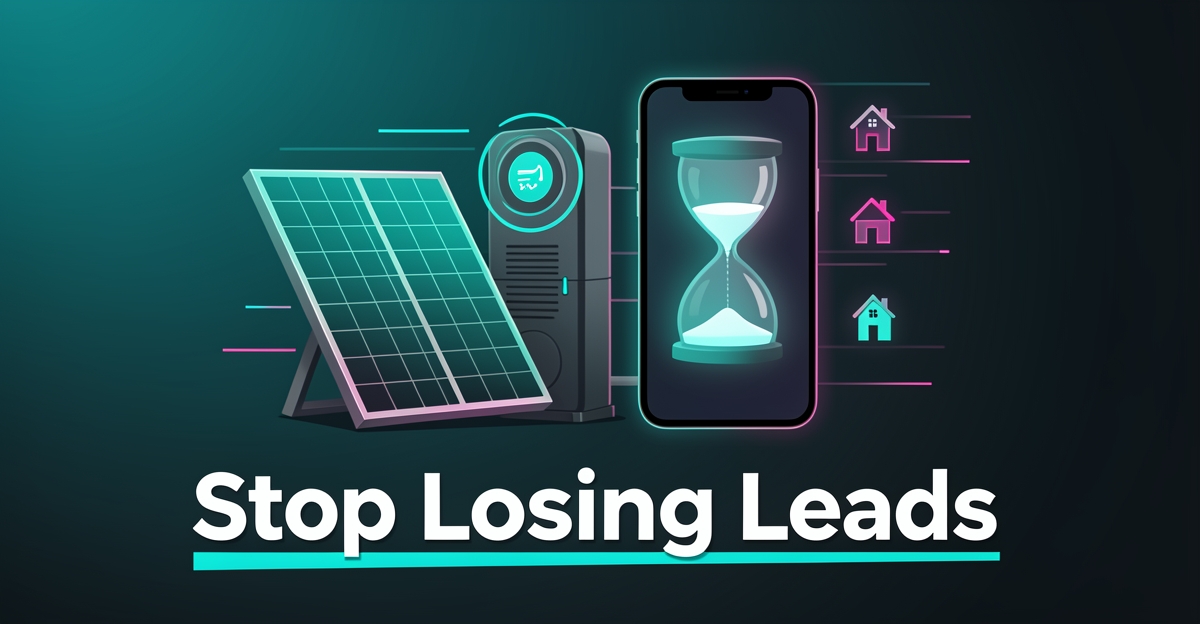 Flat illustration of a solar panel, smartphone notification, and hourglass symbolizing lost leads from slow follow-up in an energy business.