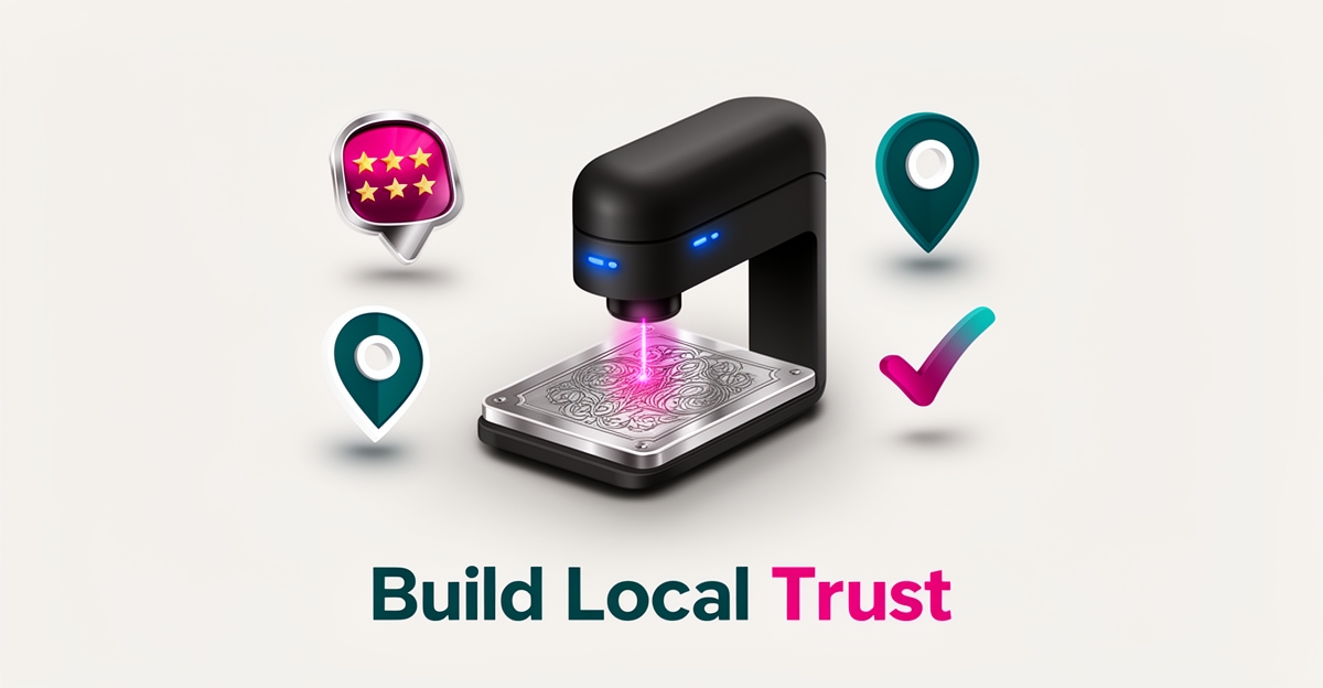 Flat illustration of an engraving machine etching a plaque surrounded by trust signal icons like stars and location pins.
