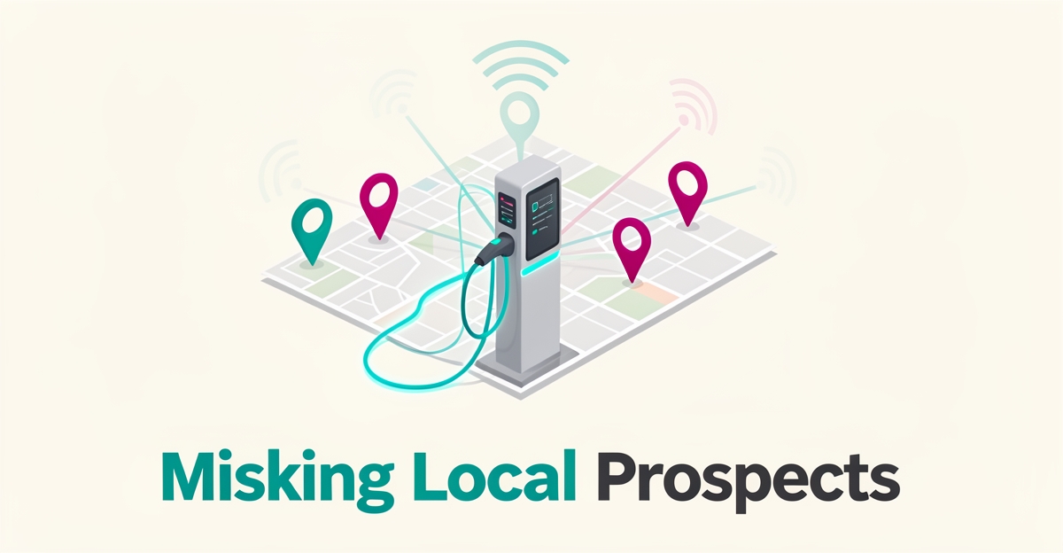 Flat illustration of an EV charging station with map pins and data ripples, headline reading Missing Local Prospects.