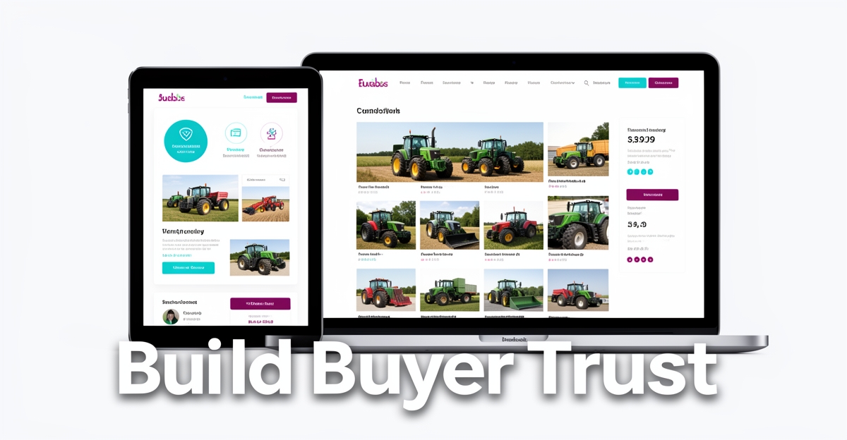 A clean modern flat illustration of a farm equipment website displaying trust signals like verified contact info, real photos, and transparent pricing, with brand color accents and the headline 'Build Buyer Trust' in the lower third.