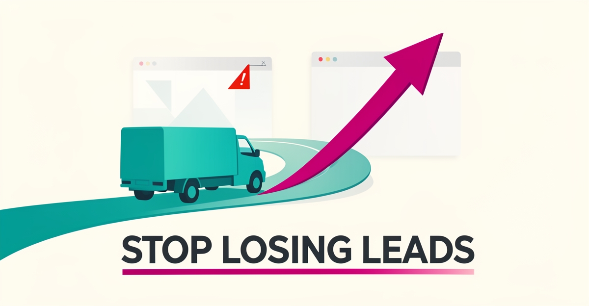 Flat illustration of a fleet truck driving toward a rising conversion graph with warning flag, symbolizing fleet website lead conversion fixes.