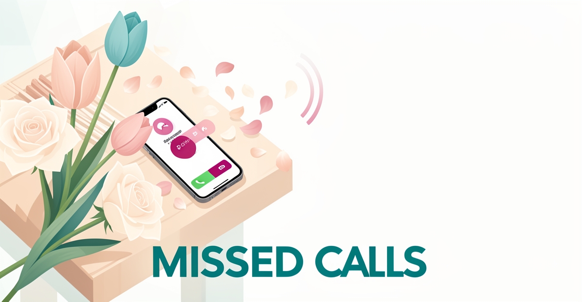 Flat illustration of a smartphone with a missed-call alert among fresh flowers, symbolizing lost florist bookings, with a bold MISSED CALLS headline.