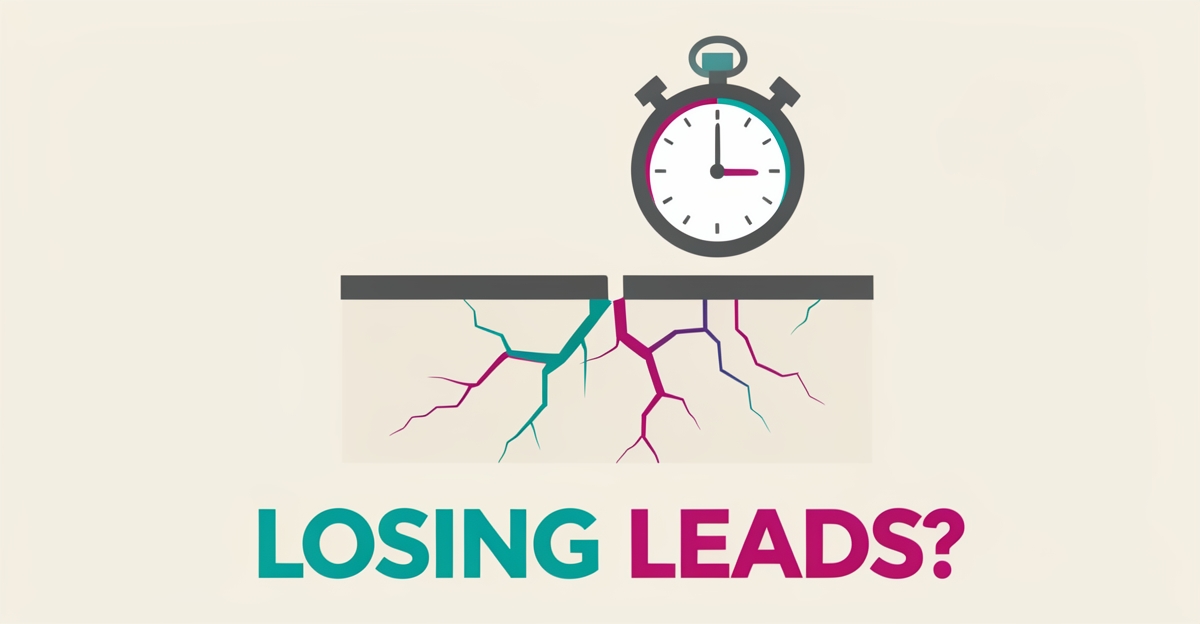 Flat illustration of a cracked house foundation beside a stopwatch with teal and magenta accents, symbolizing lost leads from slow response times.