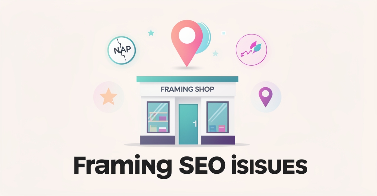 A minimalist flat illustration of a framing shop storefront with a Google Maps pin and subtle SEO issue icons, using brand colors #2aabb6 and #d946ef as accents, with the headline 'Fix Local Leads' in the lower third.