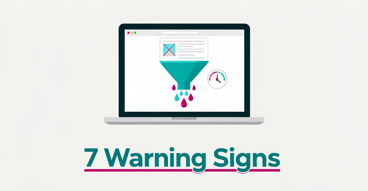 Flat illustration of a laptop with a leaking lead funnel in teal and magenta, headlined '7 Warning Signs' about failing franchise websites.