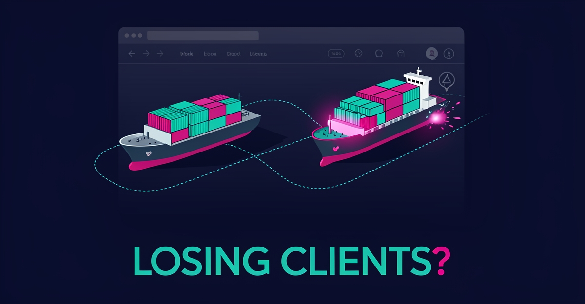 Flat illustration of cargo ship and containers on teal shipping route lines with a fading website outline, headline reading 'Losing Clients?'