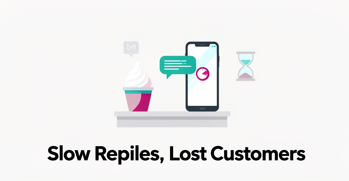Flat illustration of a frozen yogurt cup beside a smartphone with a delayed chat message, symbolizing lost customers from slow response times.