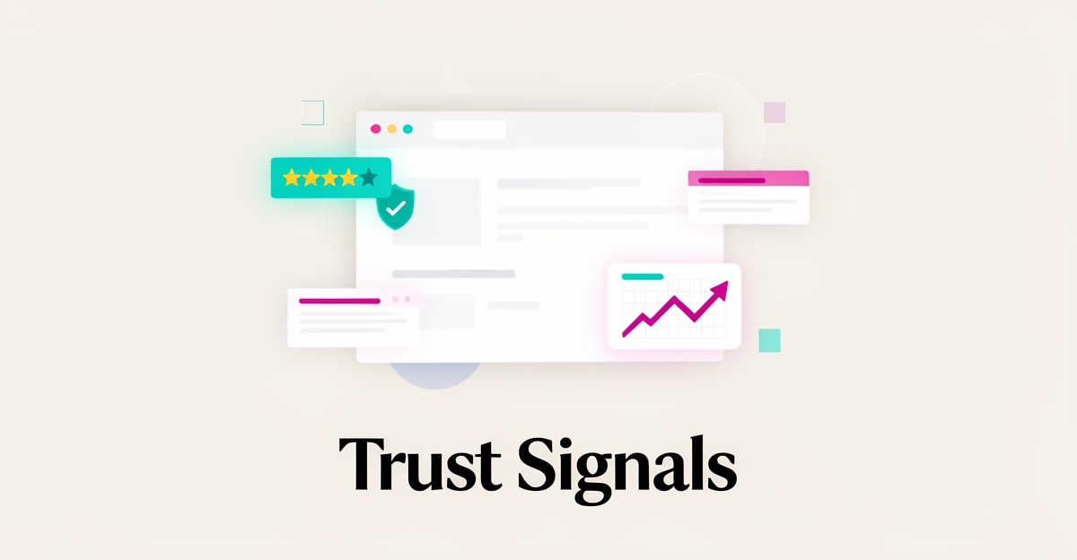 Flat illustration of a website window surrounded by trust icons like stars, shields, and graphs, with the headline Trust Signals.