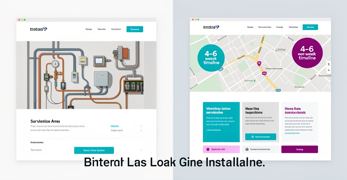 Split-screen flat illustration contrasting a poor and improved gas line installation website, highlighting clear service areas and timelines as trust builders