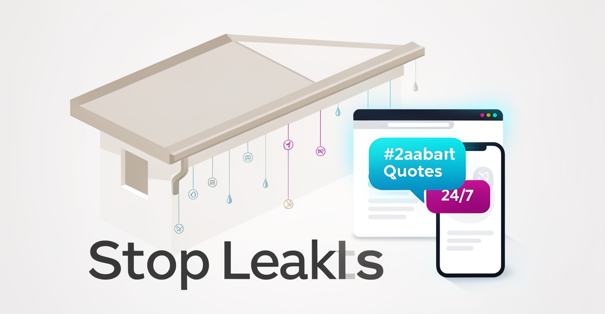 Flat illustration of gutters and AI chat interface showing how AI stops lead loss on a gutter cleaning website.