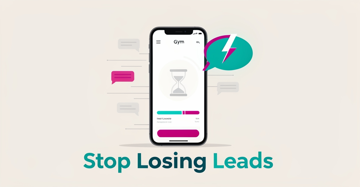 Flat illustration of a smartphone showing a gym website with fading chat bubbles and a glowing AI chatbot, symbolizing lost leads to slow response times.