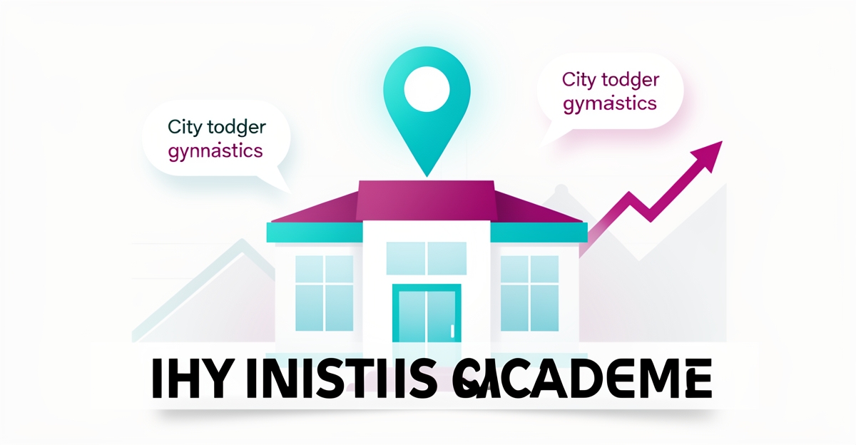 A minimalist flat illustration of a gymnastics academy with map pin and search bubbles, highlighting local SEO fixes with brand color accents, no people or text-heavy elements.