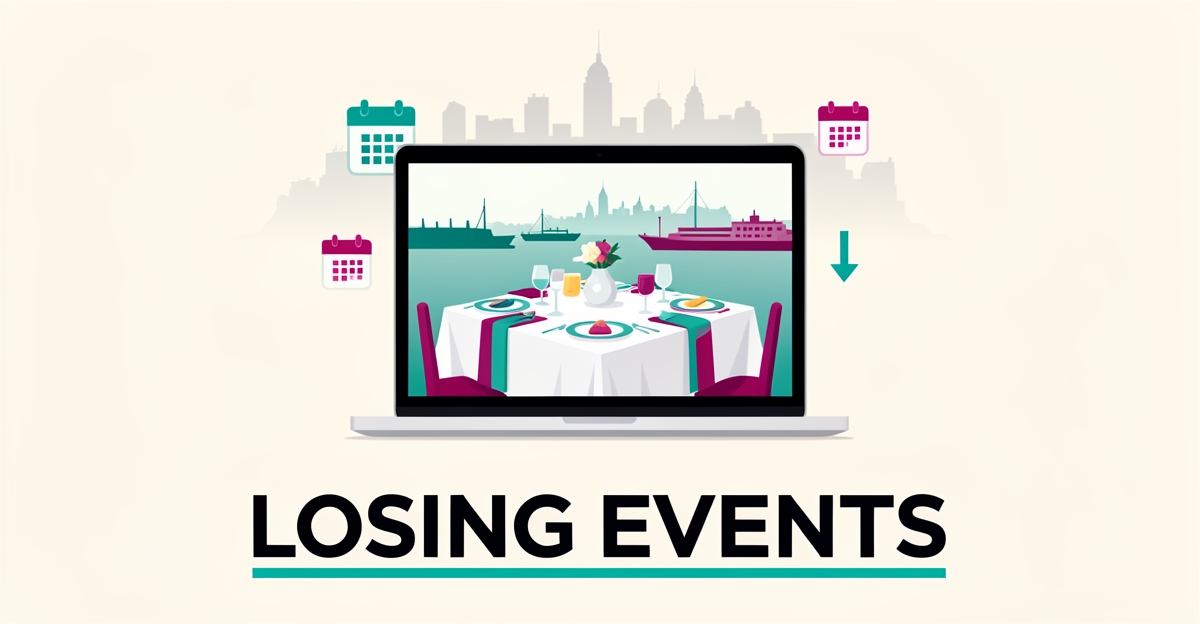 Flat illustration of a laptop showing a catered event table with declining booking icons and Halifax skyline, headlined 'Losing Events'.