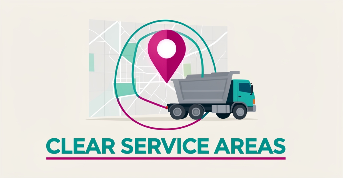 Flat illustration of a hauling truck next to a map with a glowing location pin and service radius, headline reading Clear Service Areas.