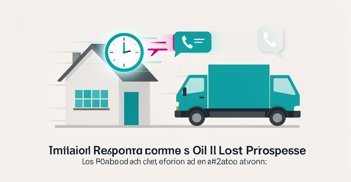 Flat illustration of a heating oil truck and house with a clock and notification symbolizing fast lead response, teal and magenta accents.