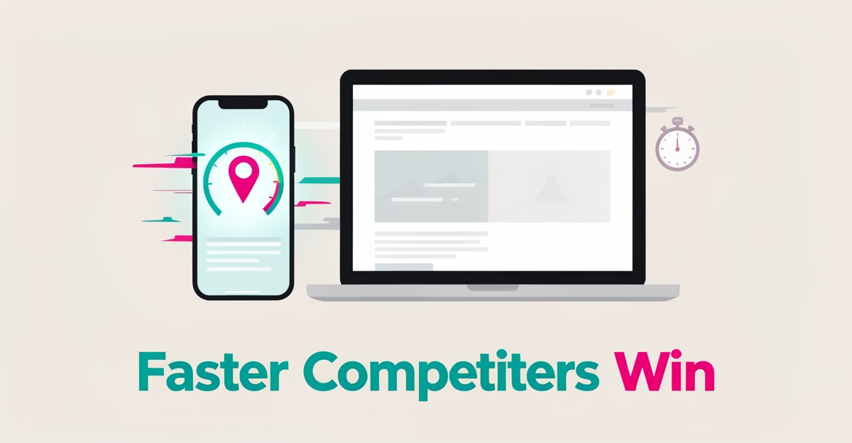 Flat illustration of a smartphone with a location pin and speedometer outpacing a fading laptop webpage, accented in teal and magenta.
