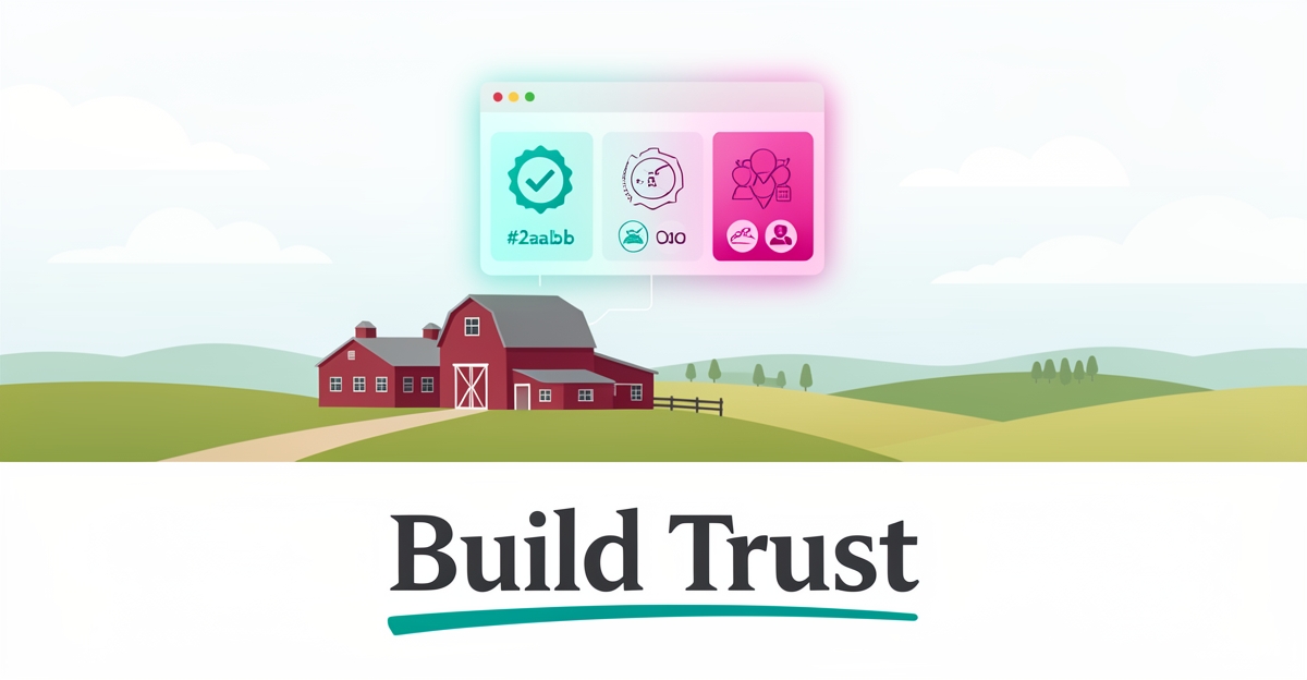 Flat illustration of a hog farm linked to a glowing website interface with trust badges, accented in teal and magenta, headline Build Trust.