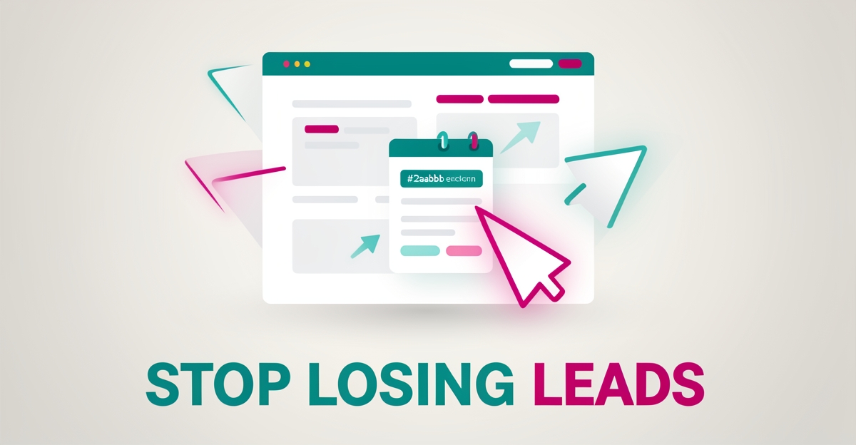 Flat illustration of a home care website mockup with conversion funnel and booking elements, accented in teal and magenta, with headline Stop Losing Leads.