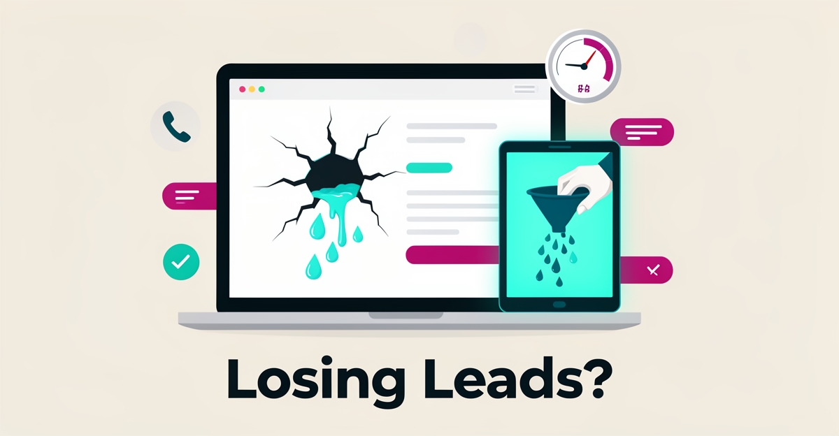 Flat illustration of a home repair website leaking lead droplets toward a competitor's device, with teal and magenta accents and the headline 'Losing Leads?'.